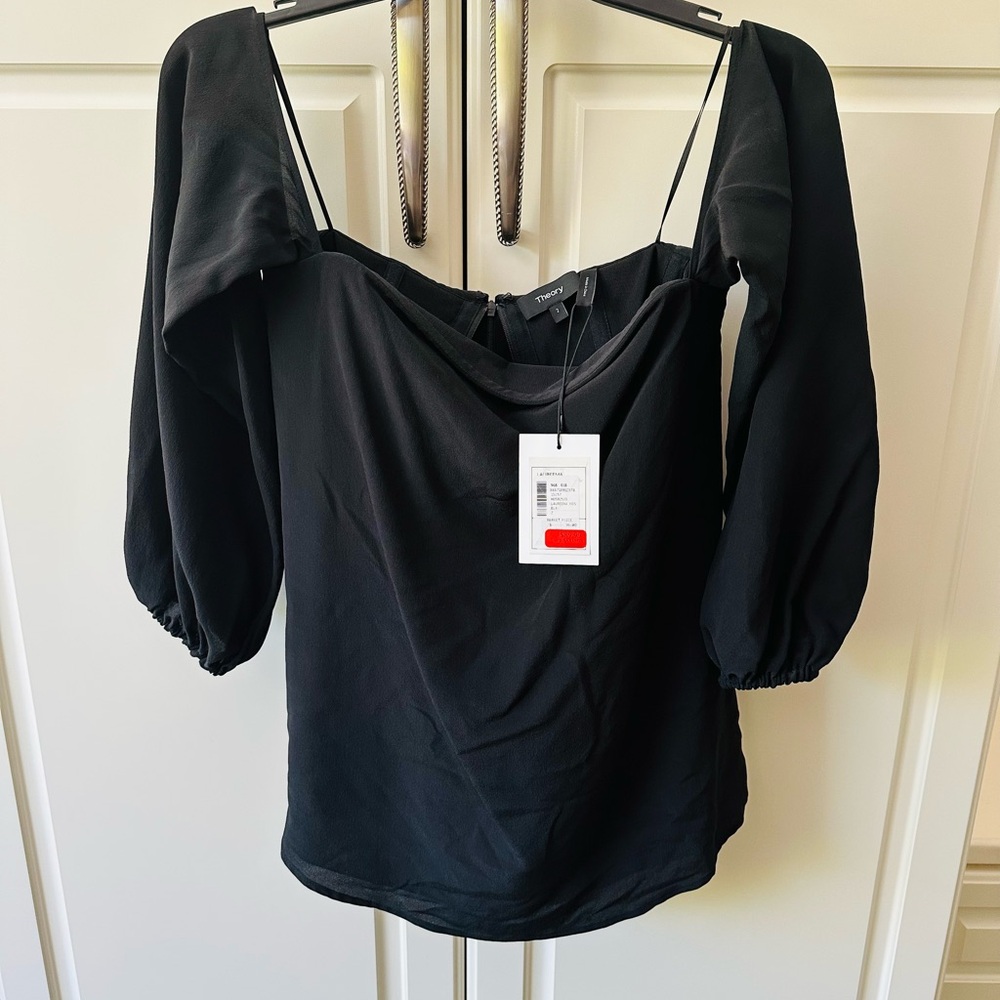 Theory Black Puff Sleeve Blouse with Tie Front